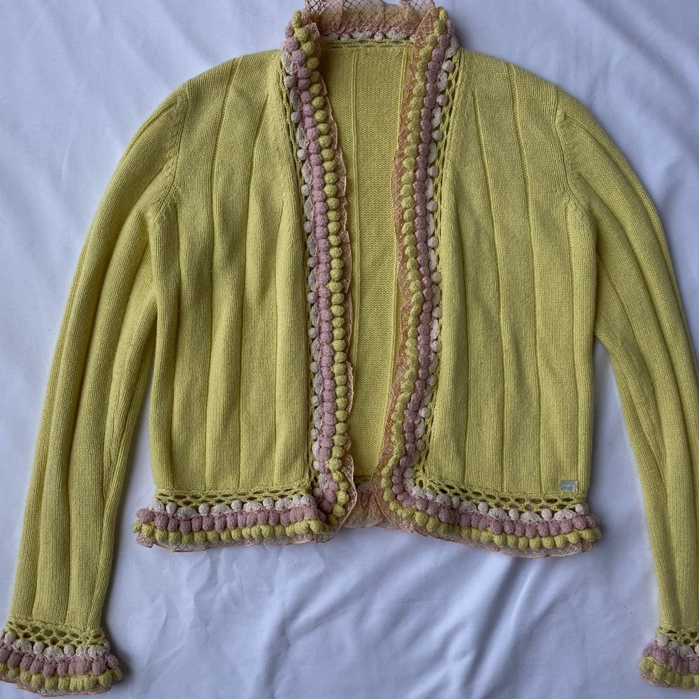 Stunning Vintage Chanel Yellow, Pink, White Cashmere Cardigan, Size 8?